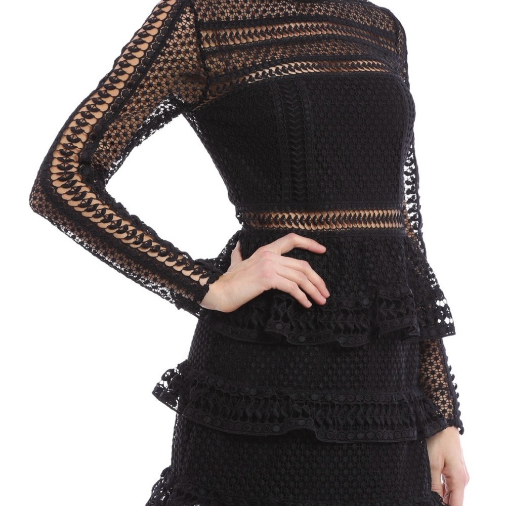 Self-Portrait Black Mock Neck Lace Tiered Ruffle Long Sleeve Dress